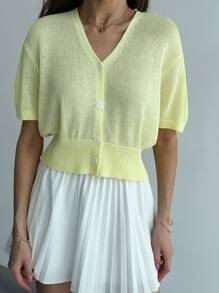 Aloruh Women's Plain Simple Daily Short Sleeve Knit Yellow Cardigan Top - Yellow - View 6