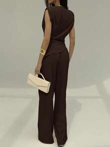 Aloruh 夏季优雅通勤纯色吊带背心和裤子两件套 - 棕色 - 查看 3