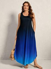 Comfylo Vestido de tirantes casual de mujer talla grande con cuello redondo y degradado de color, vestido de invitada de boda, vestido de playa de verano, conjunto de primavera para mujer, vestido de verano, atuendo de vacaciones, vestido casual de mujer