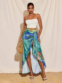 Armand Floral Printed Satin High Split Drape Maxi Skirt Women Summer Elegant Vacation Skirt - Multicolor - View 6