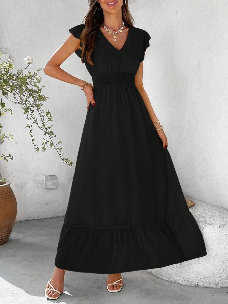 SHEIN Clasi Vestido largo con mangas de campana y fruncido en la cintura, de color liso, elegante para el verano - Negro - Ver 1