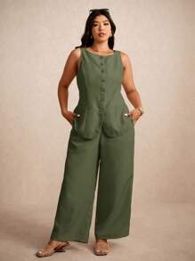 Elaquor Conjunto de 3 Peças Plus Size: Colete Casual, Camisa e Calça Reta