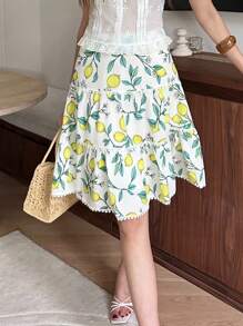 Chiquease Falda midi en línea A versátil de cintura alta con estampado de limón, parches y volantes - Amarillo - Ver 1