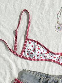 Swim Mod 女士沙滩装，复古浪漫碎花撞色边时尚性感红色比基尼套装 - 彩色 - 查看 5