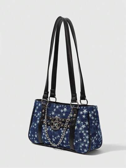 Goth Fashionable Casual Star Chain Decor Women Shoulder Bag