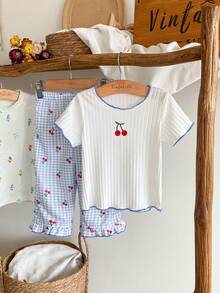 SHEIN Playful Pals 2pcs Baby/Toddler Girls Spring/Summer Cute Graphic Cherry Embroidery Short Sleeve T-Shirt And Plaid Pants Set, 0-3 Years - Blue - View 4