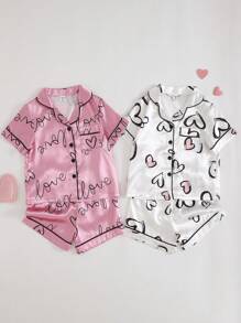 4pcs/Set Young Girl Heart Print Turndown Collar Faux Silk Casual Home Set With Shorts Satain Heart Print Pajamas Sets Girls Clothes Set Teen Girl Shirts Summer Sets Blind Box Pride