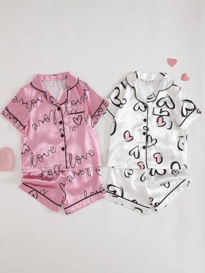 SHEIN Playful Pals 4pcs/Set Young Girl Heart Print Turndown Collar Faux Silk Casual Home Set With Shorts Satain Heart Print Pajamas Sets Girls Clothes Set Teen Girl Shirts Summer Sets Pride