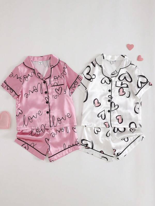 Set de 4 piezas con estampado de corazón, cuello vuelto, de seda sintética, informal para el hogar con shorts - Pijamas con estampado de corazón satinado para niñas - Conjunto de ropa para adolescentes - Camisas de verano - Caja sorpresa del orgullo