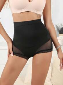 SHEIN Culotte taille haute sans couture avec inserts en tulle pour un maintien et un contrôle du ventre simples et efficaces - Noir - Voir 6
