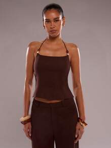 SHEIN BAE Women's Summer Sexy Coffee Brown Solid Color Backless Beaded Halter Neck Top, Vacation Outfits Woman, Casual Top, Business Casual Woman, Going Out - Brown - View 6