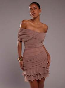 SHEIN BAE 女士优雅纯色露肩褶饰修身荷叶边迷你连衣裙，适合夏季、生日服装、俱乐部服装、外出服装、毕业礼服、女士夏季连衣裙、优雅派对连衣裙 - 藕粉色 - 查看 6