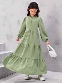 SHEIN Tween Girl Lotus Leaf Collar Texture A-Line Long Dress With Long Sleeves