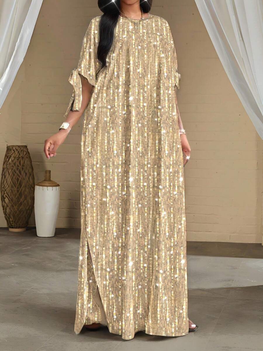 SHEIN Lady 节日连衣裙加大码热销钻石印花短袖女式长袍宽松垂坠节日新娘送礼会礼服沙滩女式高腰修身长裙 - 金色 - 查看 1