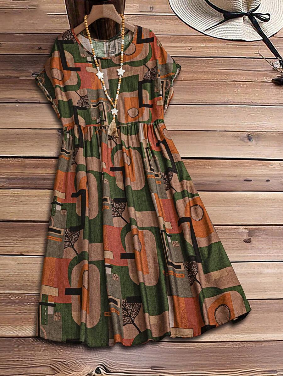 EMERY ROSE Vestido de talla grande para mujer de estilo retro con cuello redondo y mangas cortas - Multicolor - Ver 1