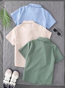 SHEIN Bộ 3 món cho bé trai tuổi teen: Áo sơ mi tay ngắn cổ đứng dáng rộng thoải mái, mặc nhiều lần, thích hợp đi học, tiệc tùng, hoạt động ngoài trời - màu xanh lá - Xem 2