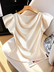 GlowEve CURVE Plus Size Asymmetric Ruched Collar Casual Shirt - Apricot - View 3