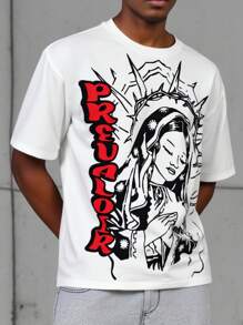 Manfinity EMRG Men's Ribbed Collar Short Sleeve T-Shirt With Large Virgin Mary Front & Back Print, Graphic Tee - White - View 2