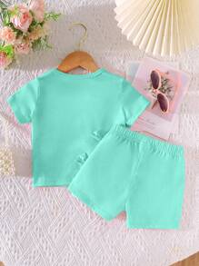 2pcs Baby Girls Casual Fashion Daily Crew Neck Raglan Short Sleeve Bow Decor Top And Elastic Waist Shorts Set Girls Clothes Set Teen Girl Shirts Rainbow Summer Sets Pride Short Sets For Baby Girl Baby Girl Summer Clothes Sets Sets For Baby Girls - Green - View 2