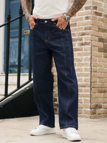 Manfinity Homme 男士休闲百搭口袋装饰阔腿牛仔裤 - 深色水洗藍 - 查看 6