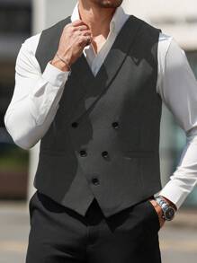Manfinity Mode Men Double Breasted Waistcoat Without Shirt - Dark Grey - View 4