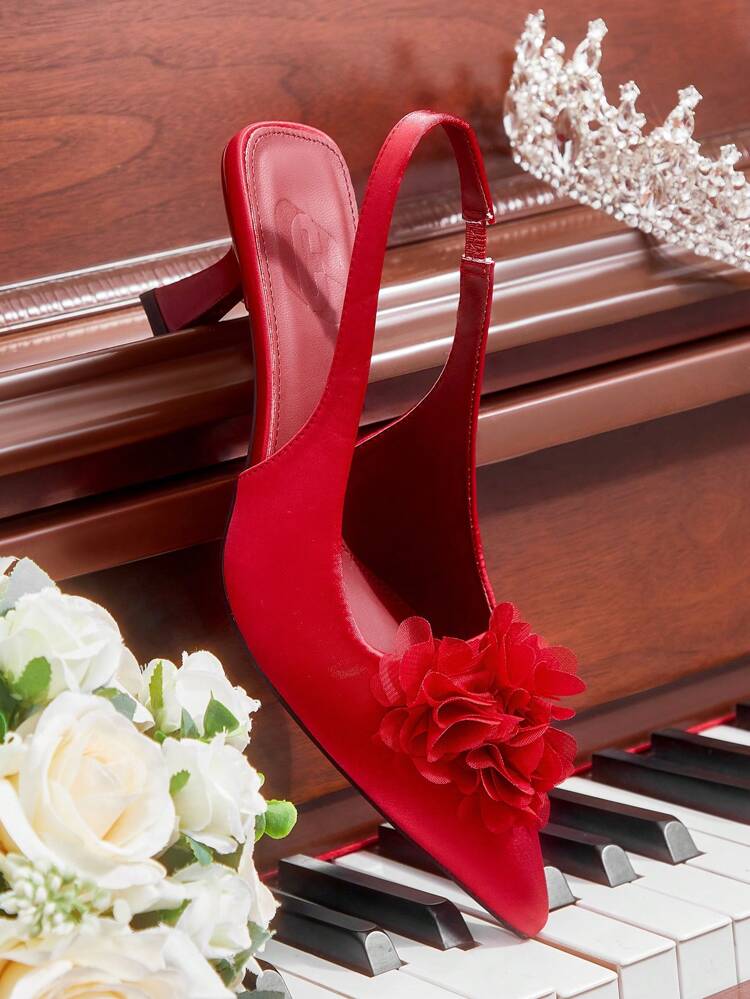 CUCCOO HITCHD Zapatos de mujer de tacón stiletto de punta afilada con estampado floral, tacones altos de satén elegantes y románticos en color rojo, zapatos formales para vestido para boda, novia, fiesta y eventos