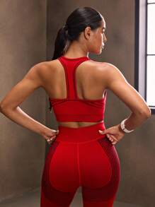 Powerista 女士撞色条纹吊带运动文胸 - 紅色 - 查看 6