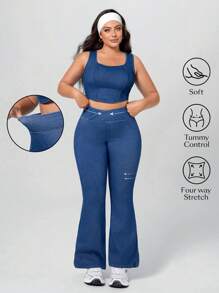SHEIN Essnce 大码女式松紧腰牛仔喇叭裤，轻盈运动风格 - 中等水洗藍 - 查看 1