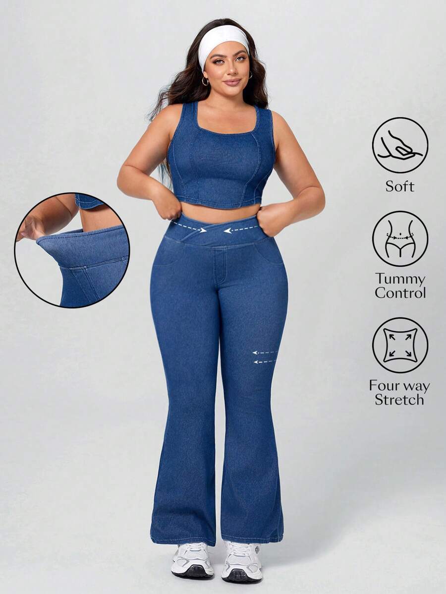 SHEIN Essnce 大码女式松紧腰牛仔喇叭裤，轻盈运动风格 - 中等水洗藍 - 查看 1