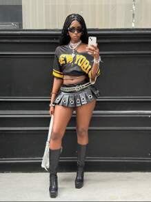 Coolane 女士夏季街头服饰外出运动透气网眼图案数字棒球服 V 领超大黑色针织 T 恤 - 黑色 - 查看 2