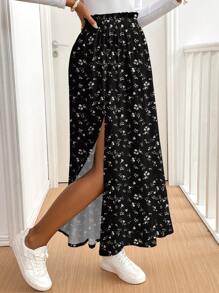 SHEIN Frenchy Women's Casual Holiday High Slit Flare Hem Skirt, Ditsy Floral Pattern, Suitable For Summer Chic Dress - Multicolor - View 3