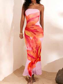 Opulessa Summer Beach Vacation Outfits Knitted Mesh Print Slim Fit Dress For Women,Birthday Dresses For Women,Club Outfits Women Sexy - Pink - View 3