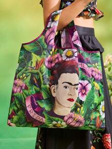 Frida Kahlo X SHEIN 1 pieza Bolsa de la compra plegable de poliéster con impresión de personaje de artista, bolso de mano, equipada con una pequeña bolsa de almacenamiento con una cadena de cuentas, se puede colgar en un bolso, Florecer, Flor, Artístico, Elegante