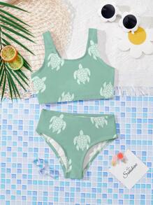 Set di bikini da ragazza con stampa tartaruga, con spalline sottili, semplice e carino, adatto per nuotare d'estate, vacanze al mare