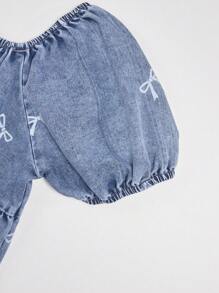 Teen Girls' Denim Dress, Puff Sleeve Bowknot All-Over Print Denim Blue Dress, Youthful Vibe And Design - Medium Wash - View 4