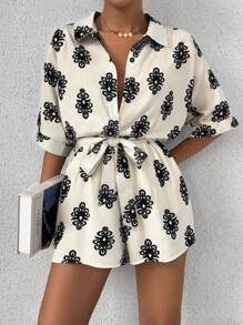 SHEIN PETITE 女式印花蝙蝠袖系腰连体裤（有领）