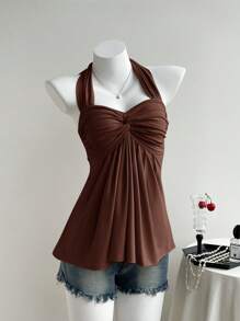 Comfortcana Áo ba lỗ cổ yếm thiết kế thắt nút xoắn thời trang dành cho nữ màu nâu, mùa hè - màu nâu - Xem 4