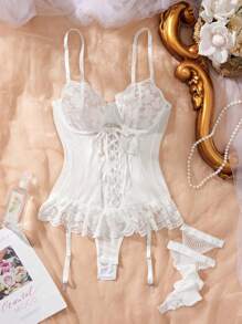 Crystal Vow 2pcs/Set Jumpsuit Seksi dengan Tali Jala Renda dan Hiasan Rumbai & Stoking Jala - Putih - View 6