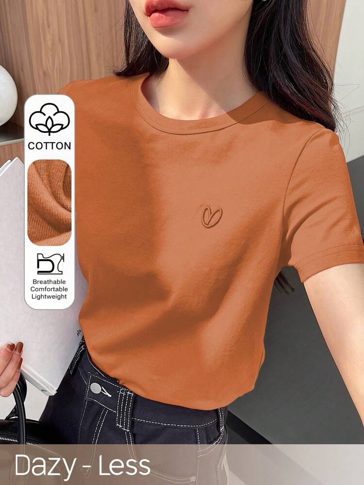 Loose Casual Embroidered Heart & Letter Pattern Short Sleeve T-Shirt For Women, Summer