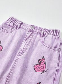 Teen Girl Purple Butterfly Print Denim A-Line Skirt, Medium Waist, Loose Fitting, Personalized Street Style Casual Retro Fashion Sweet Design - Purple - View 5