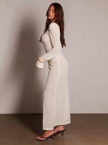 Athîral 女式透明钩针珍珠串珠长袖超长连衣裙，适合春夏度假场合 - 杏色 - 查看 4