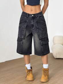 SHEIN 女式宽松阔腿休闲牛仔短裤，带刺绣和口袋