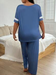 Plus Size Women Casual Number Letter Print Top & Pants Pajama Set - Baby Blue - View 2