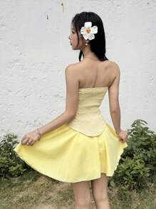 SHEIN 少女休闲简约舒适不对称后背吊带背心和裙子套装 - 黃色 - 查看 2