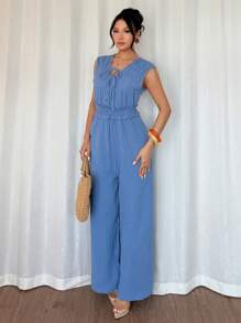 Islaluna Chic V-Neck Drawstring Jumpsuit - Blue - View 6