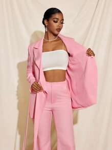 EBIB 优雅淡粉色腰带垫肩西装外套女式休闲办公套装