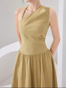 Modelyn Vestido de mujer de longitud media con cuello asimétrico de unicolor elegante, vestidos casuales de mujer, ropa de mujer para cumpleaños, ropa de mujer talla grande, vestidos formales de trabajo de verano - Caqui - Ver 5