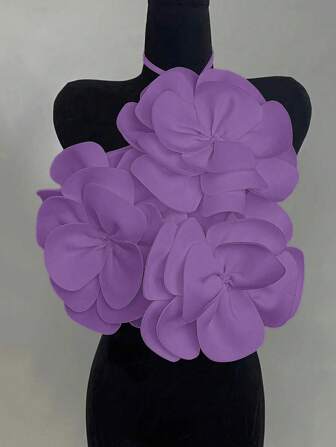 SHEIN LUNE Women's Elegant Valentine's Lace-Up Halter White Floral Decor Rib-Knit Bodycon Tank Top