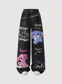Pantalones largos negros informales con estampado de dibujos animados para niñas adolescentes, atuendos universitarios y ropa deportiva para el regreso a clases 2025