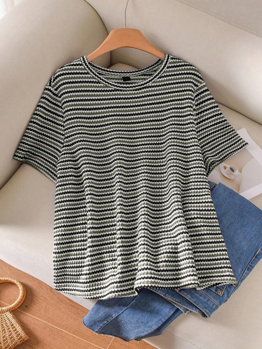 CosyJoli Plus Size Women Striped Print Round Neck Short Sleeve Casual Old Money Summer T-Shirt,Slightly Sheer - Army Green - View 1
